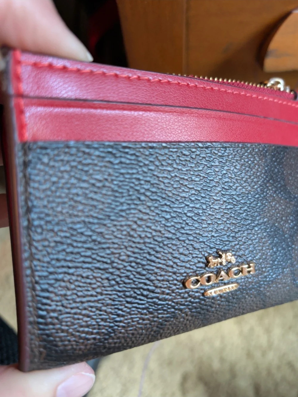 COACH Signature Canvas Card Case with Red Trim